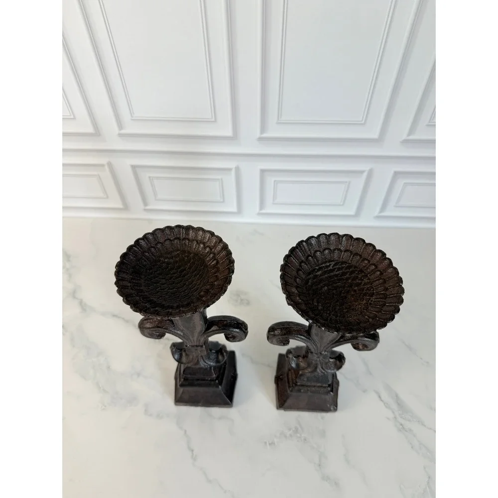 VTG Pair (2) Cast Iron Fleur de Lis Pillar Candlesticks 10 5/8